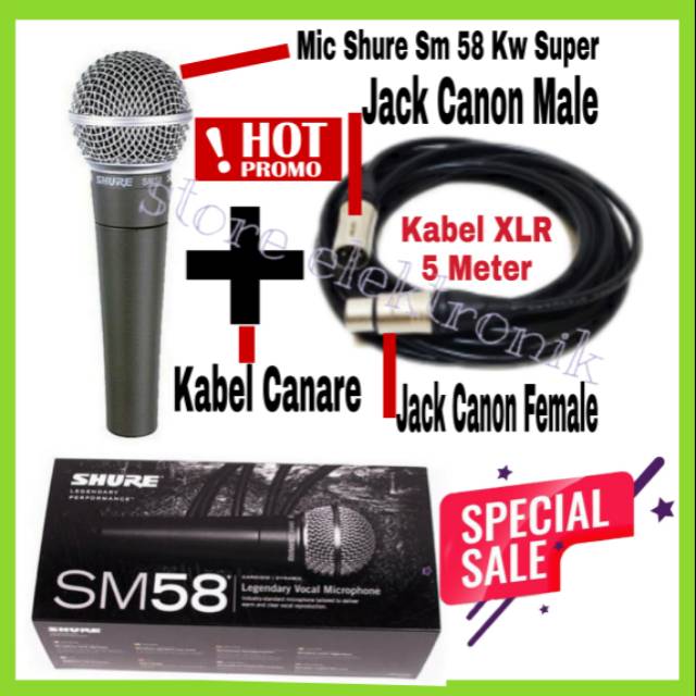 Mic SHURE SM 58 Kw Super Plus Kabel Canare 5 METER Jack XLR CANON NEW