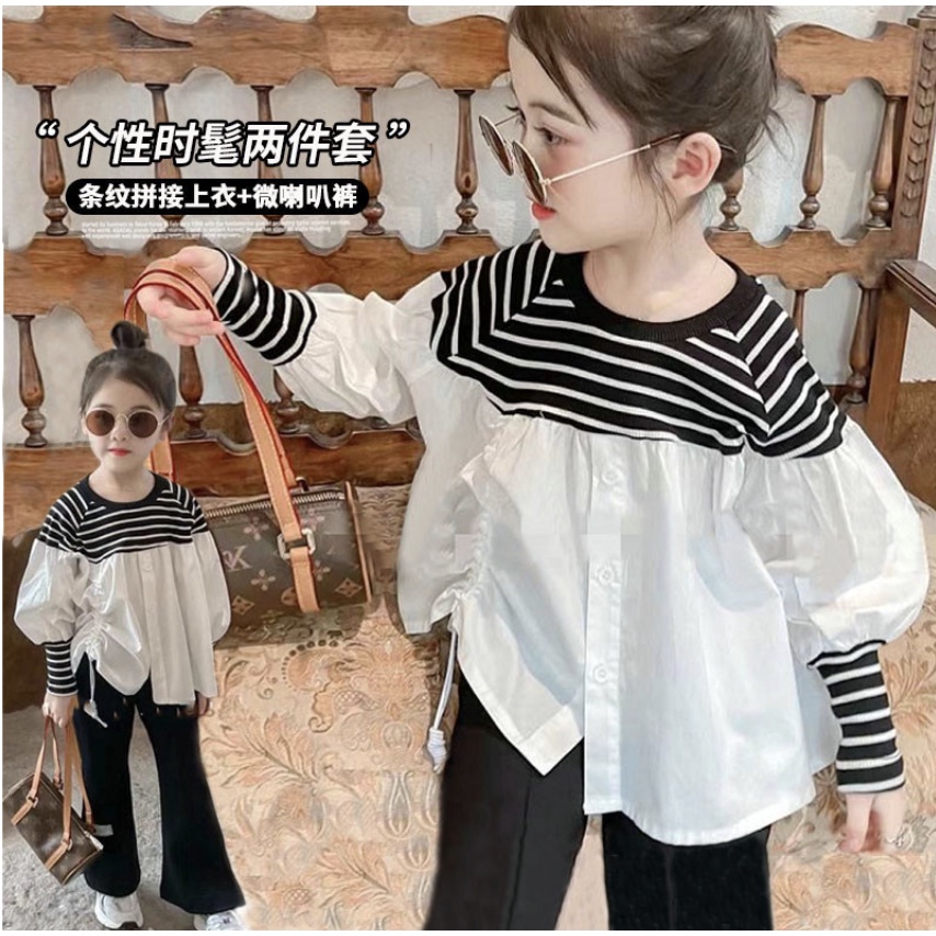 babyfit [3-8th]AIYU setelan blus bergaris hitam putih dengan celana panjang baju anak perempuan import al-0522r