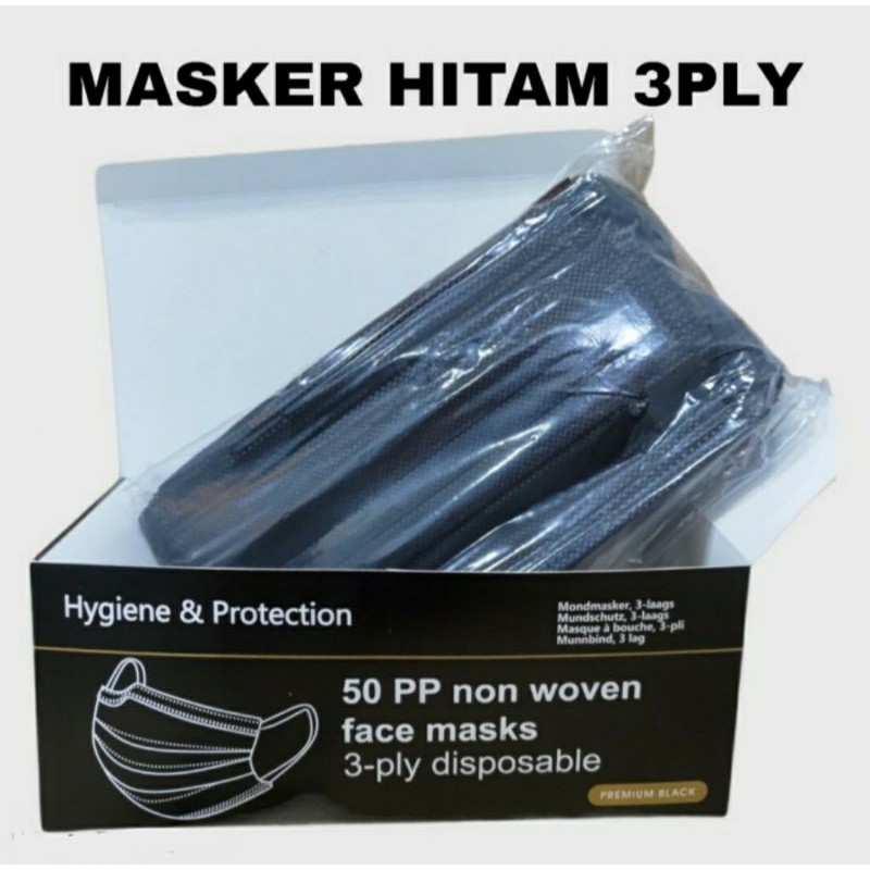 Masker 3 Ply Disposable Face Mask HITAM Isi 50pcs PLUS BOX