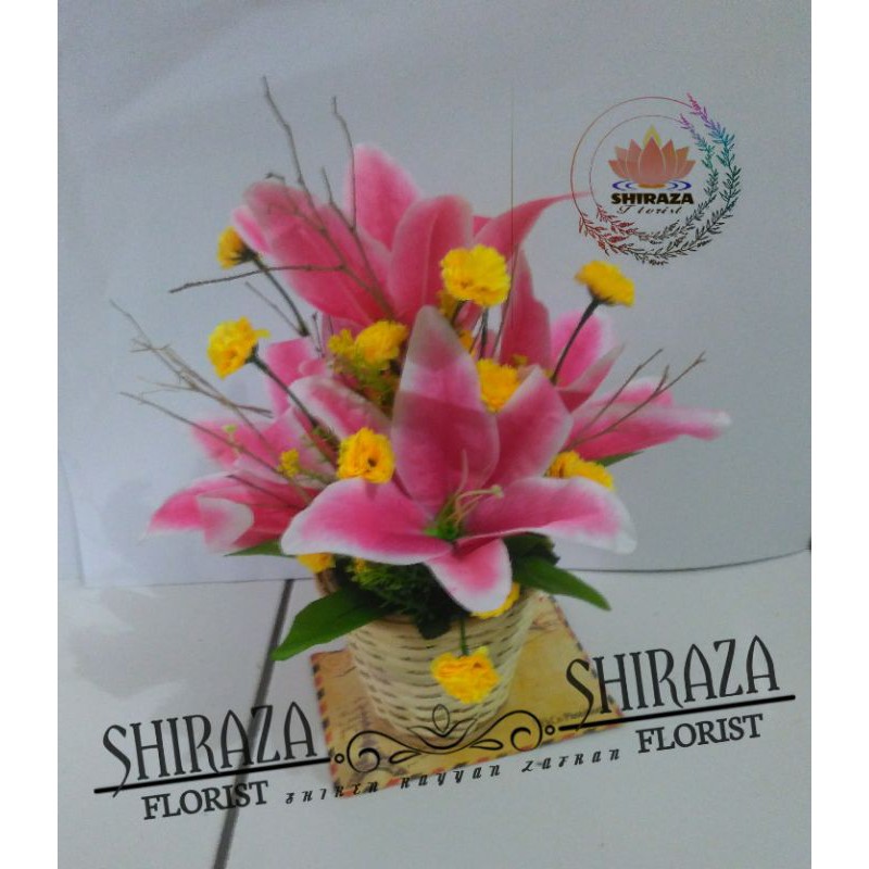artificial bunga lily casablanca-lily flowers kombinasi pot rotan