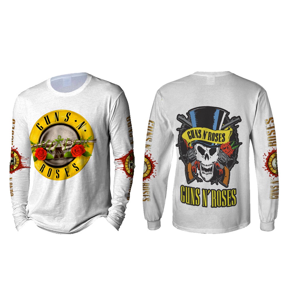 Kaos Pria Lengan Panjang GUNS N ROSES White 3D Full Print Sublimation