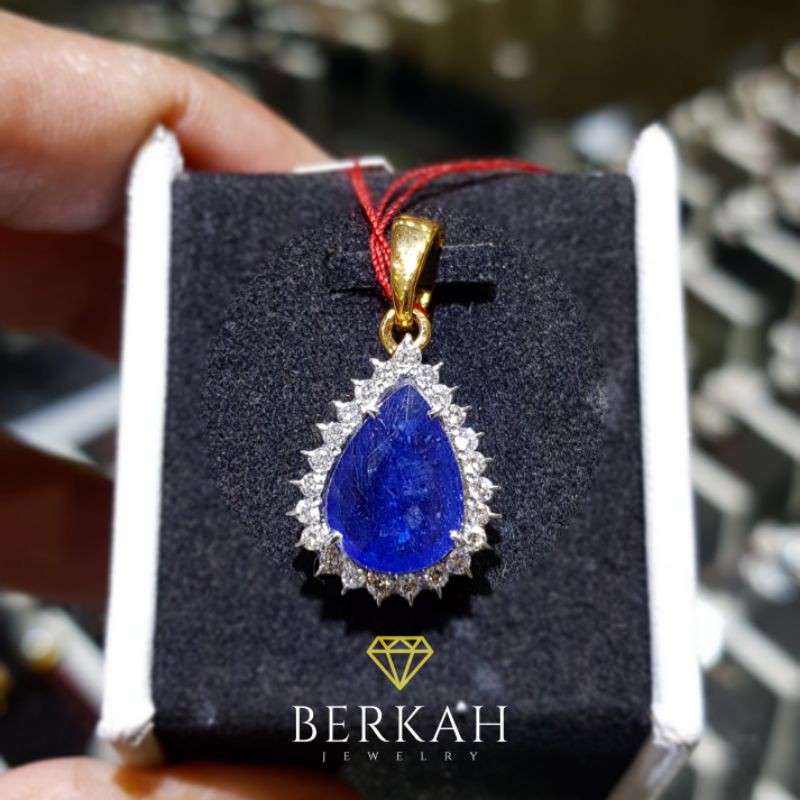 Liontin emas kuning berlian asli natural diamond batu blue safir