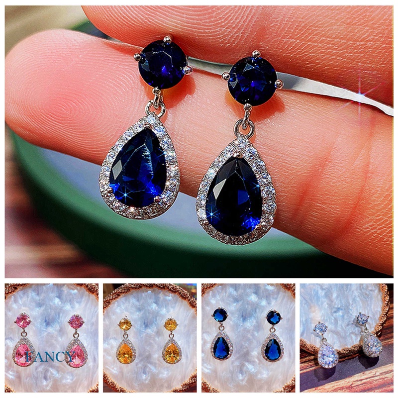 Anting Tusuk Gantung Desain Tetesan Air CZ Mewah Warna Putih / Biru / Hijau / Pink / Kuning Untuk Wanita