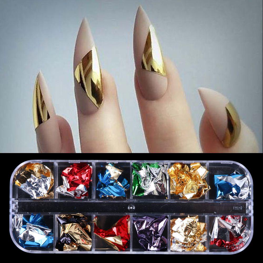 R-FLOWER 12kisi Kuku Payet Manicure Decor Cermin Chrome Pigmen Emas Perak Foil Kertas Serpihan Tidak Teratur