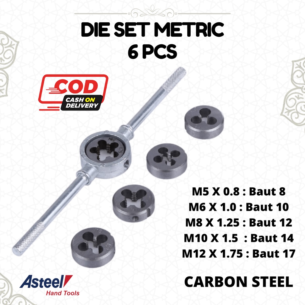 ASTEEL Set Die Alat Metrik  Alat Pembuat Drat Metric Hand Die Set M5 - M12 Adjustable 6 PCS - Alat Die Set Senai