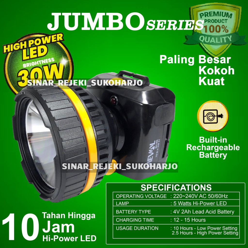 Meval Senter Cas Kepala Jumbo Lithium Sorot Jarak Jauh Helios 65 Watt 30 Watt HEAD LAMP HEADLAMP Charge Baterai Isi Ulang