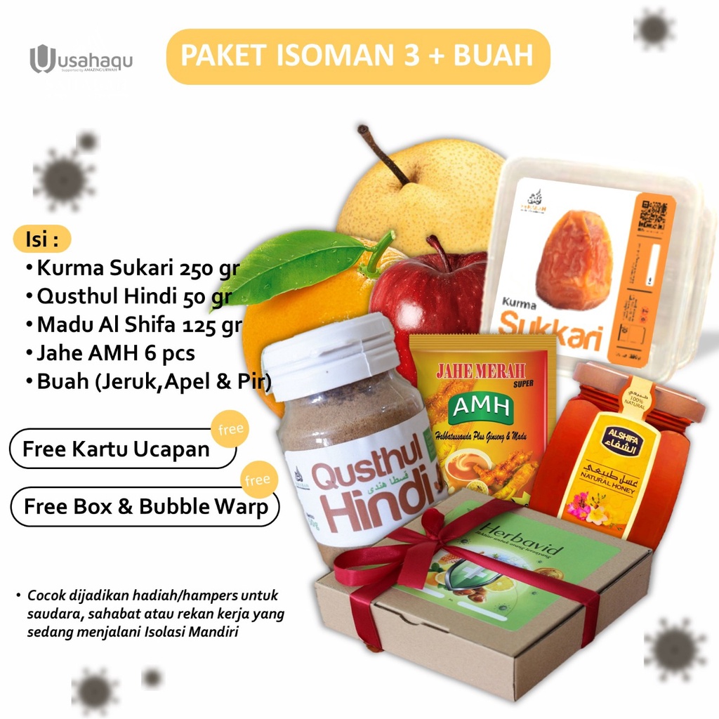 

Paket Hampers Isoman 3 + Buah Madu Habbatussauda Qusthul Jahe Merah Kurma Kartu Ucapan