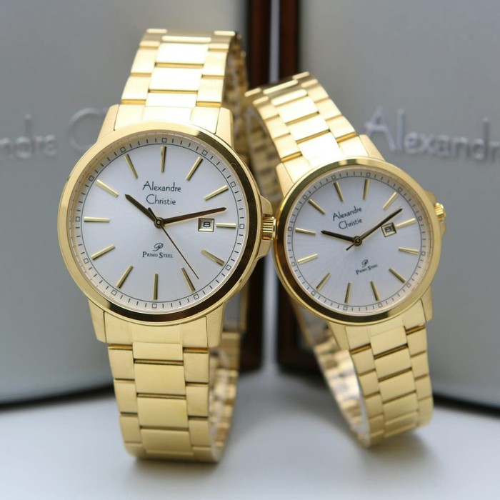 Jam Tangan Couple Alexandre Christie AC 1014 Primo Steel Gold Stainless Original