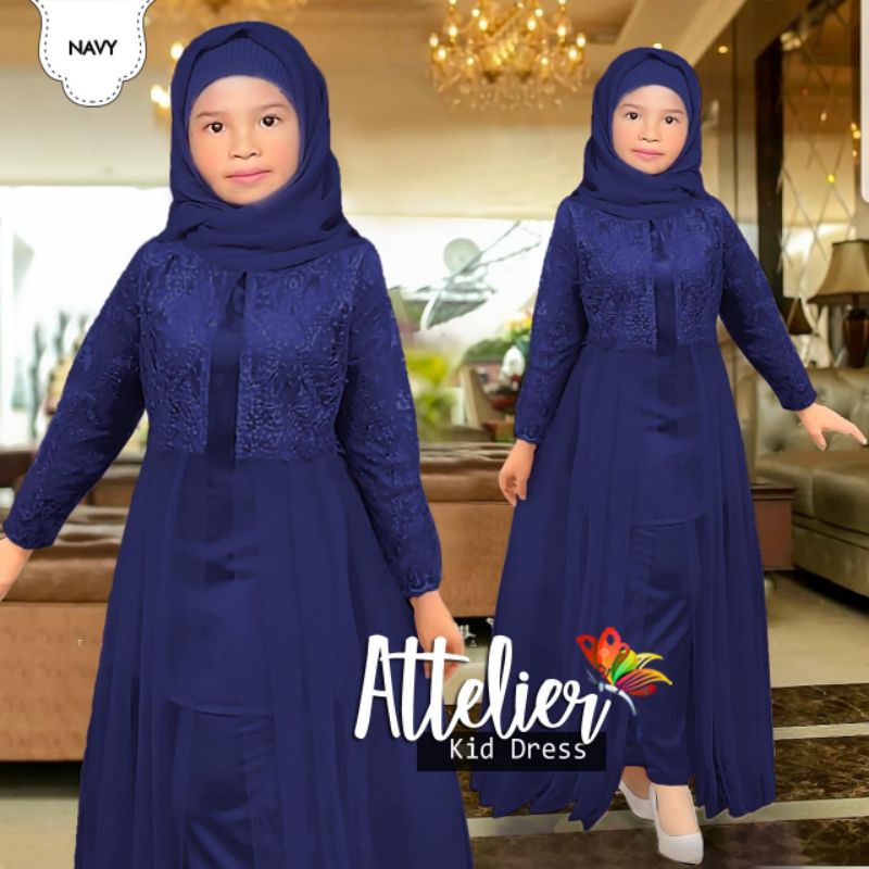 SET CELANA TUNIK ATTELIER KID ANAK, MOSCREPE BRUKAT TILE, GAMIS HIJAB MUSLIM, SETELAN