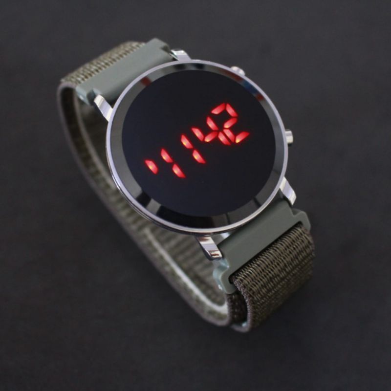 Jam Led kanvas bulat free gift box-Hj army KNVS BLT SIL