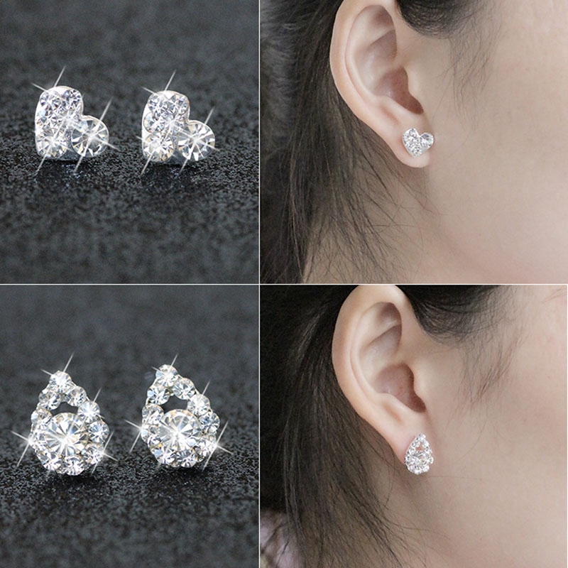 Anting Tusuk Desain Hati Kristal + Pita Warna Silver Gaya Korea untuk Wanita