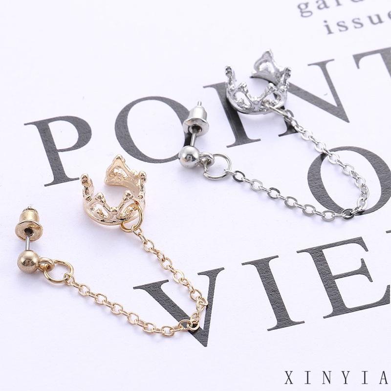 【COD】Anting Klip Panjang Bentuk U Desain Mahkota Hati Hollow Out Gaya Retro