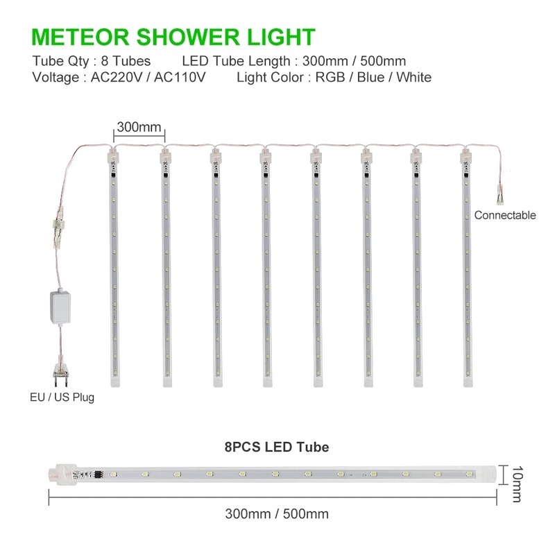 30cm 8 Pcs Outdoor Waterproof Meteor Shower 8 Tubes LED String Lights For Street Decoration / Christmas Wedding Party Light Decoration / Decorative Night Light For New Year, Party, Wedding, Patio Yard Trees