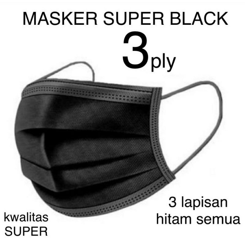 Masker Medis Non hijab Earloop Warna Hitam 3 ply