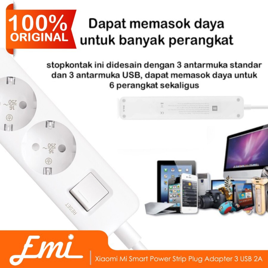 Mijia Smart Power Strip Plug Adapter with 3 USB Port 2A-Putih By EMI