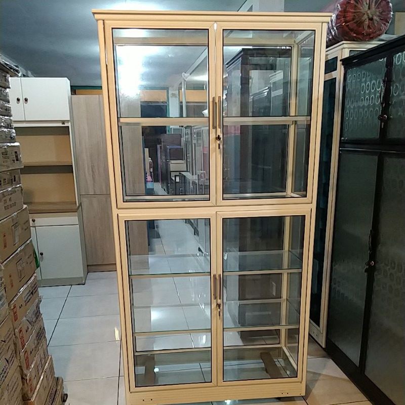 Lemari Almari Untuk Display Pajangan Hias Kaca Aluminium Roda