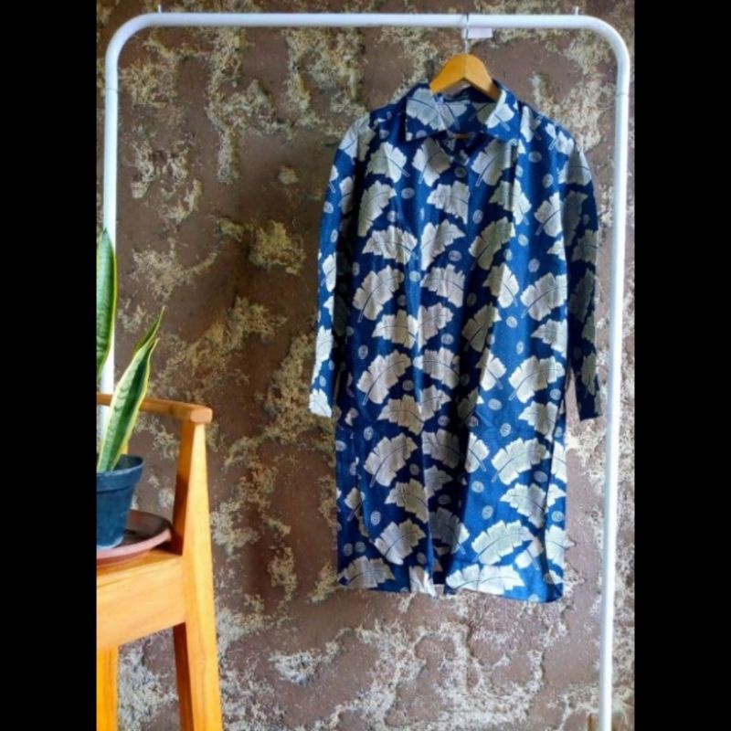 tunik dress gamis kemeja panjang wanita batik cap motif daun biru abu