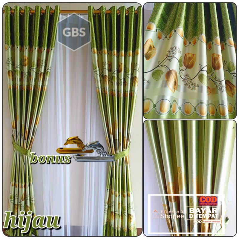 Gorden Blackout Import Premium Motif Bunga Tulip Hijau Model Smokring 12 Lubangring