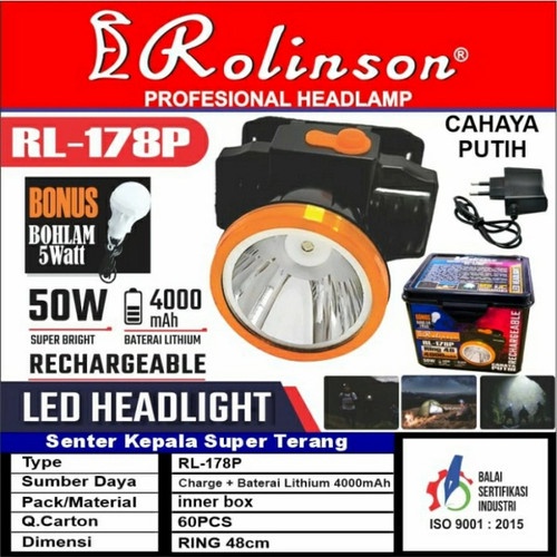 Senter Kepala LED 50 Watt Bonus Bohlam 5 Watt Ring 46 Cahaya Putih ROLINSON PROFESSIONAL HEADLAMP RL-178P mitsuyama