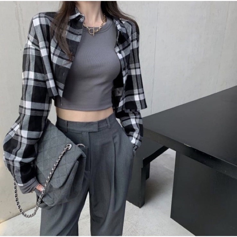 BEFAST - ZFC OOTD Wanita Kemeja Crop NANY / KEMEJA JENNIE CROP TOP / Kemeja Hem Kotak-Kotak / Kemjea Crop Lengan Panjang / Outfit Korean Style / Kem Kekiniaan Remaja Wanita / Terlaris / Trendy