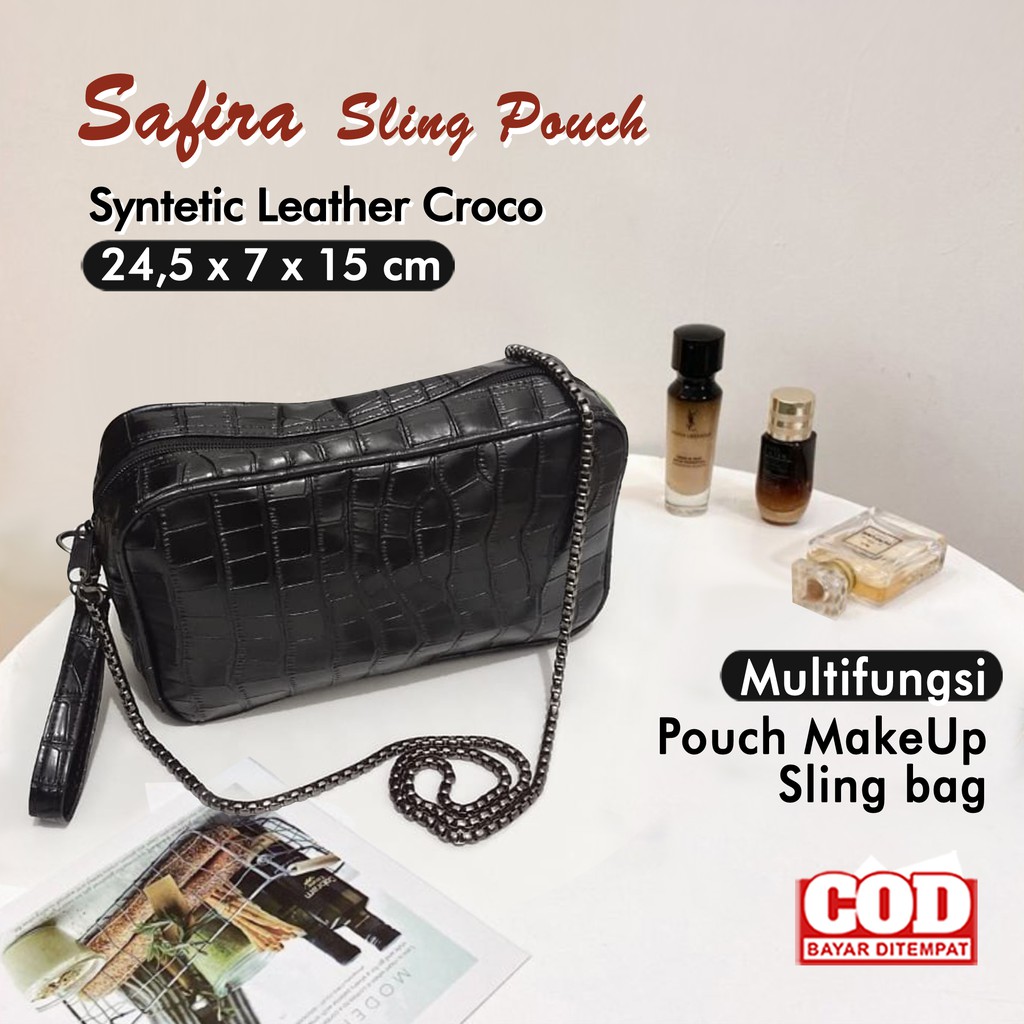 Travel Bag Wanita Tali Rantai Pouch Kosmetik Cewek Kulit Sintetis Croco Tas Organizer make Up Murah