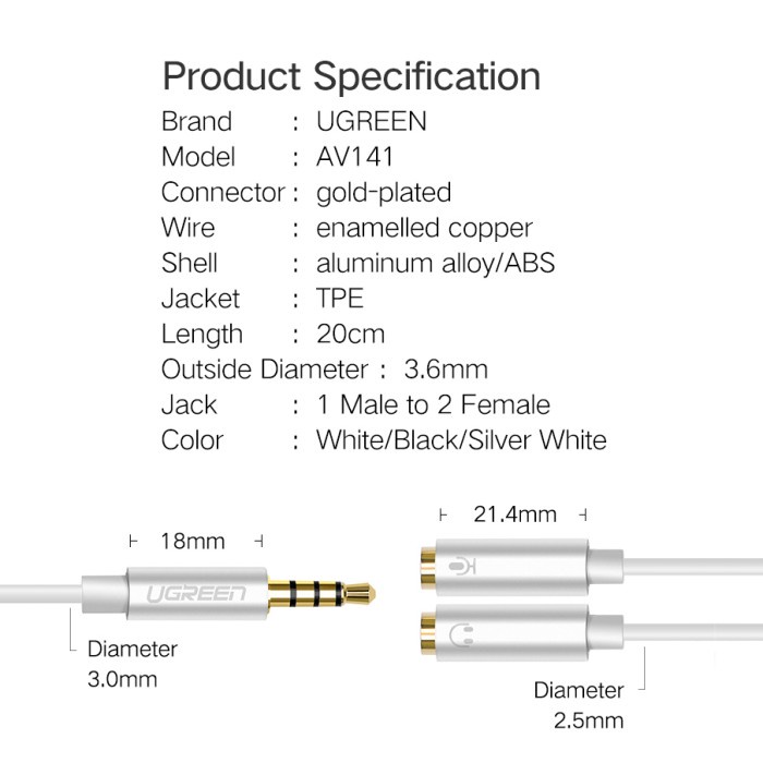 UGREEN Splitter Aux Audio 3.5mm to Mic + Audio Female - AV141