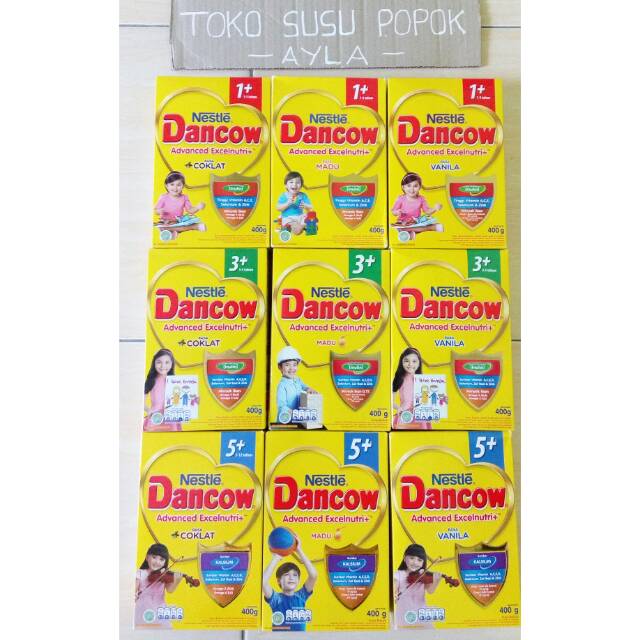 Susu bubuk Dancow 1+ 3+ 5+ 400 gram. Rasa coklat,madu dan vanilla.