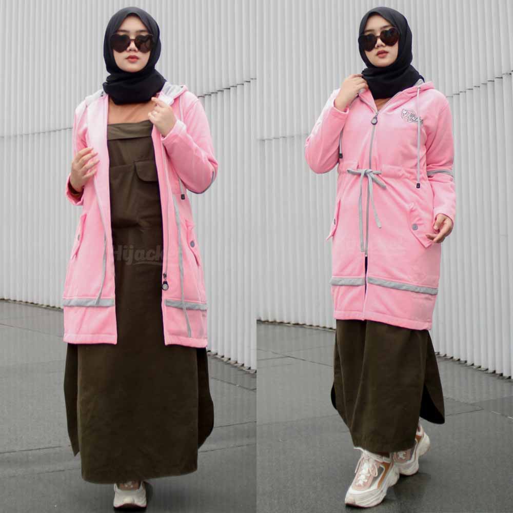 Jaket Jacket Hoodie Panjang Muslimah Wanita Cewek Cwe Hijabers Kekinian Terbaru Fleece Hijacket AUR-Baby Pink