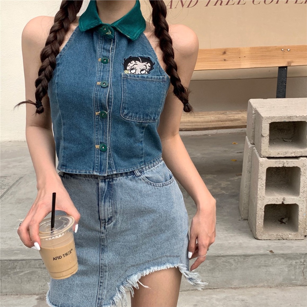 Saku Kancing Kerah Tanpa Lengan Pendek Denim Bordir Kecil Tank Top Wanita