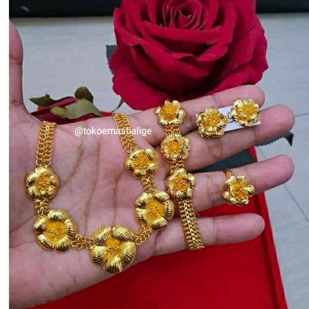 Set Perhiasan Bunga Mawar 80 gram Emas Asli LM/London 24K kadar 99,9%