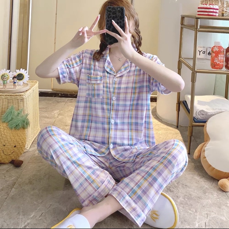 JC Piyama Set CP import / Piyama wanita CP / Piyama wanita Import murah-Square Lilac CP