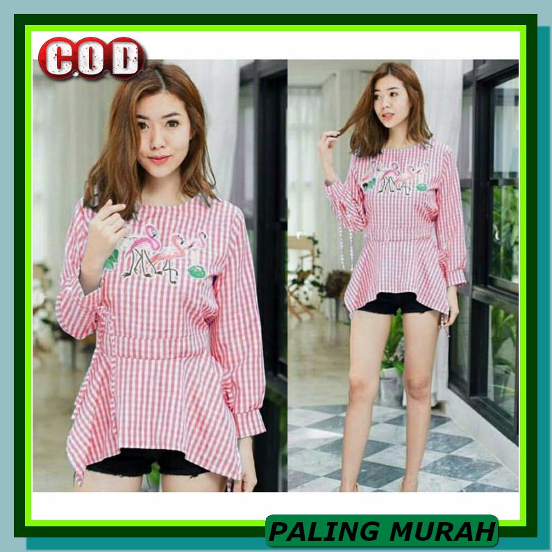 Baju Atasan Blouse Wanita Kekinian Terbaru 2021 Pakaian Blus Cewe TN760 [Blouse Flamingo Square M