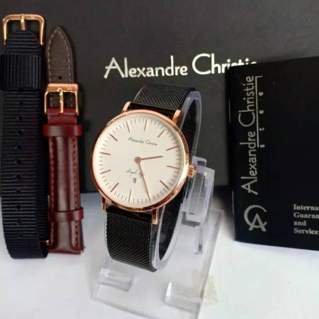Alexandre Christie AC 8566 Wanita Case Rosegold White Rantai Pasir Hitam Original / Bonus 2 Strap