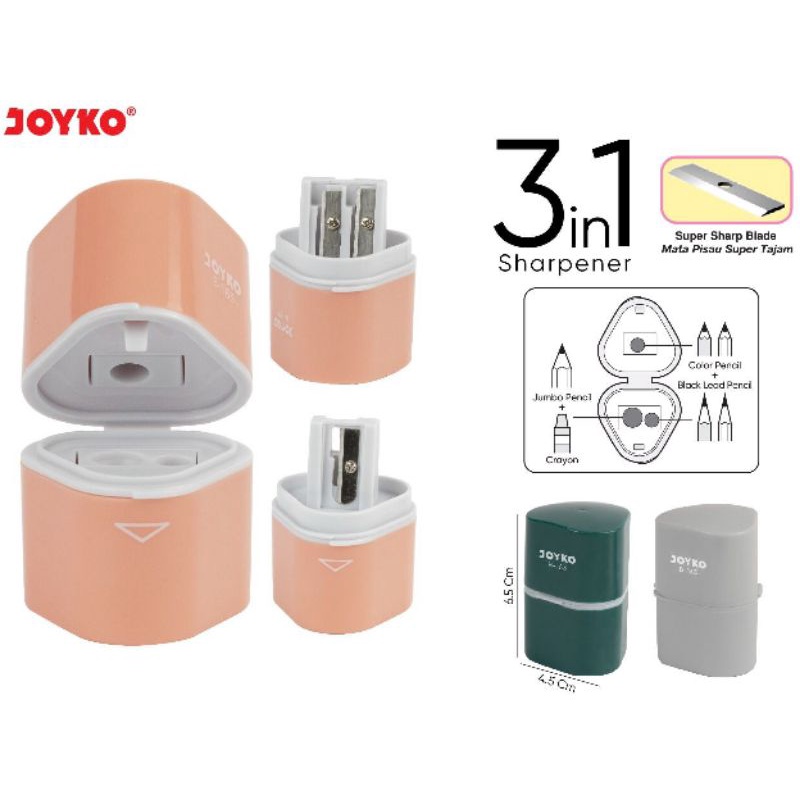 Rautan Serutan Sharpener JOYKO 3 in 1 B-163 Untuk Pensil / Crayon / Jumbo Pensil