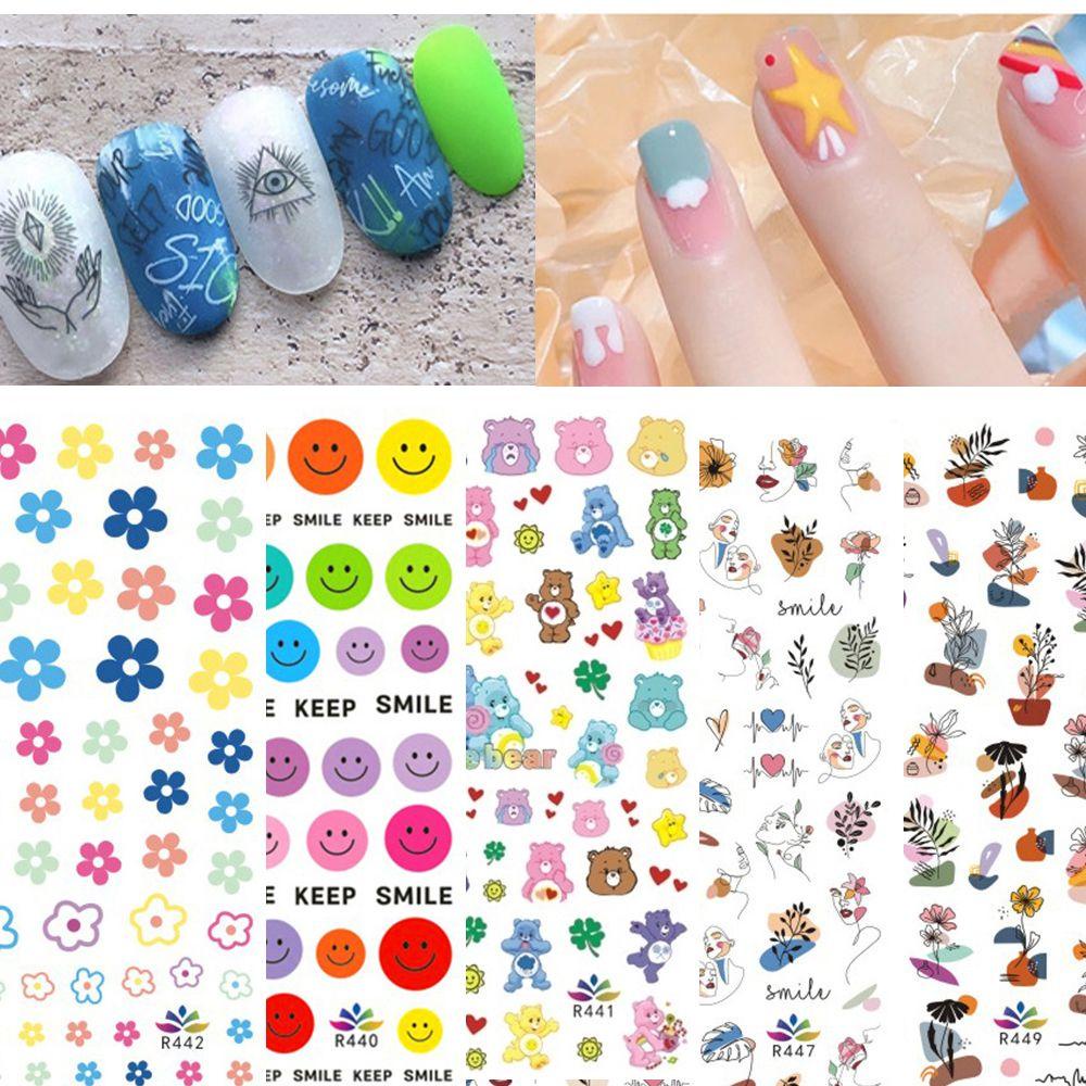 NEEDWAY Nail Art Stiker Tahan Air DIY Fashion Wanita Smiley Face Awan Perekat Diri Bunga Angka Abstrak 3D Kuku Decal