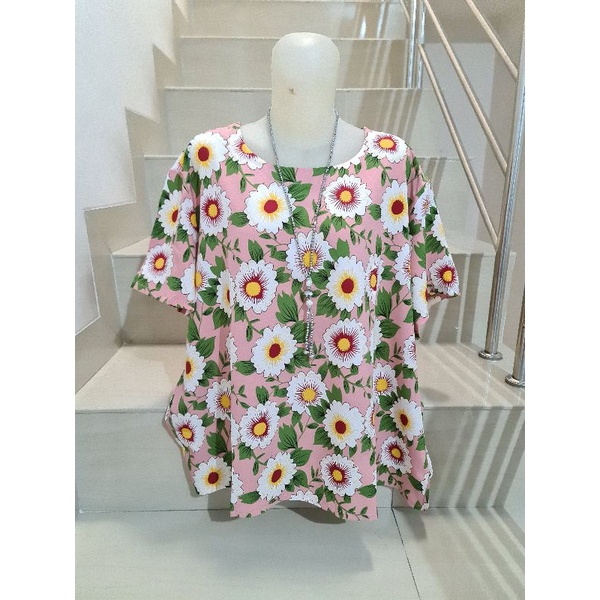 Blouse Brukat dan Kaos Bunga Import Jumbo XL-5XL-Bunga Pink