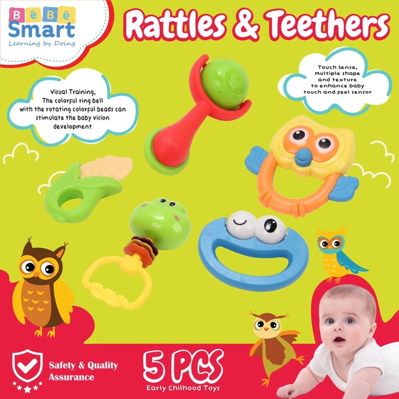 Bebe Smart RATTLES &amp; TEETHERS 5pcs Set - Rattle &amp; Gigitan Bayi isi 5 pcs SNI