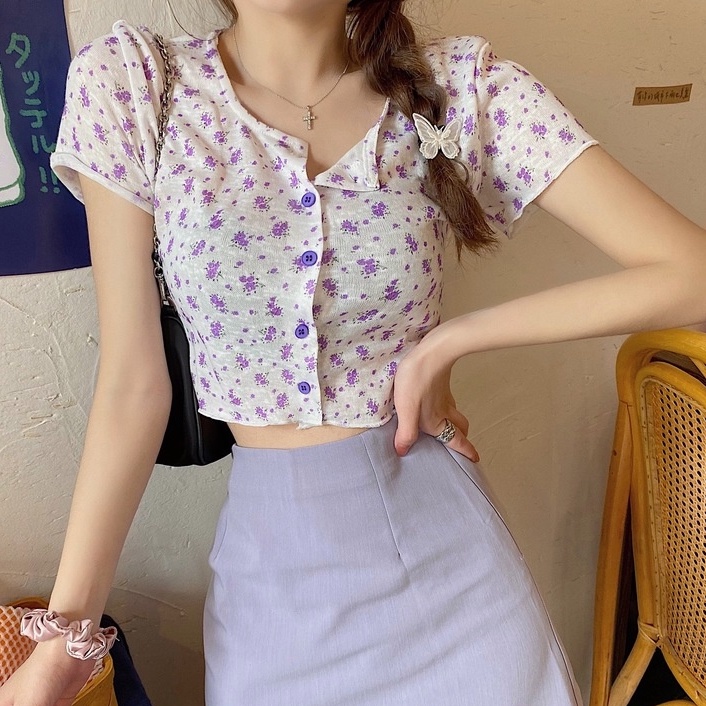 MOOGU ♡ Atasan cetak vintage crop top floral wanita korean