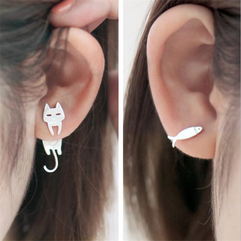 [Harga Grosir]Anting Tusuk Asimetris Desain Bunga / Kucing / Ikan Gaya Punk / Korea / Elegan Untuk Wanita/Hot Sale