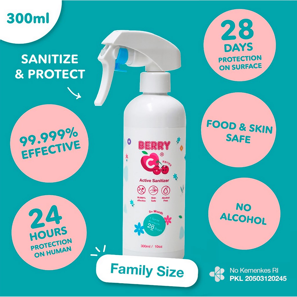 BERRY C ACTIVE SANITIZER SPRAY (300ML) / HAND SANITIZER / food grade / pureco / aman untuk makanan / tidak lengket / SPRAY / travel size / traveling / hand surface sanitizer / aman untuk bayi / NON ALKOHOL