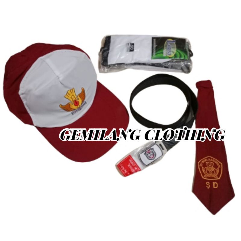 TOPI MERAH PUTIH PLUS DASI SABUK DAN KAOS KAKI SD // GEMILANG CLOTHING