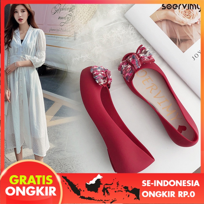 Slip On Jelly Korea Plastik Datar Tinggi Peep Toe Pantofel Wanita Bahan Elastis