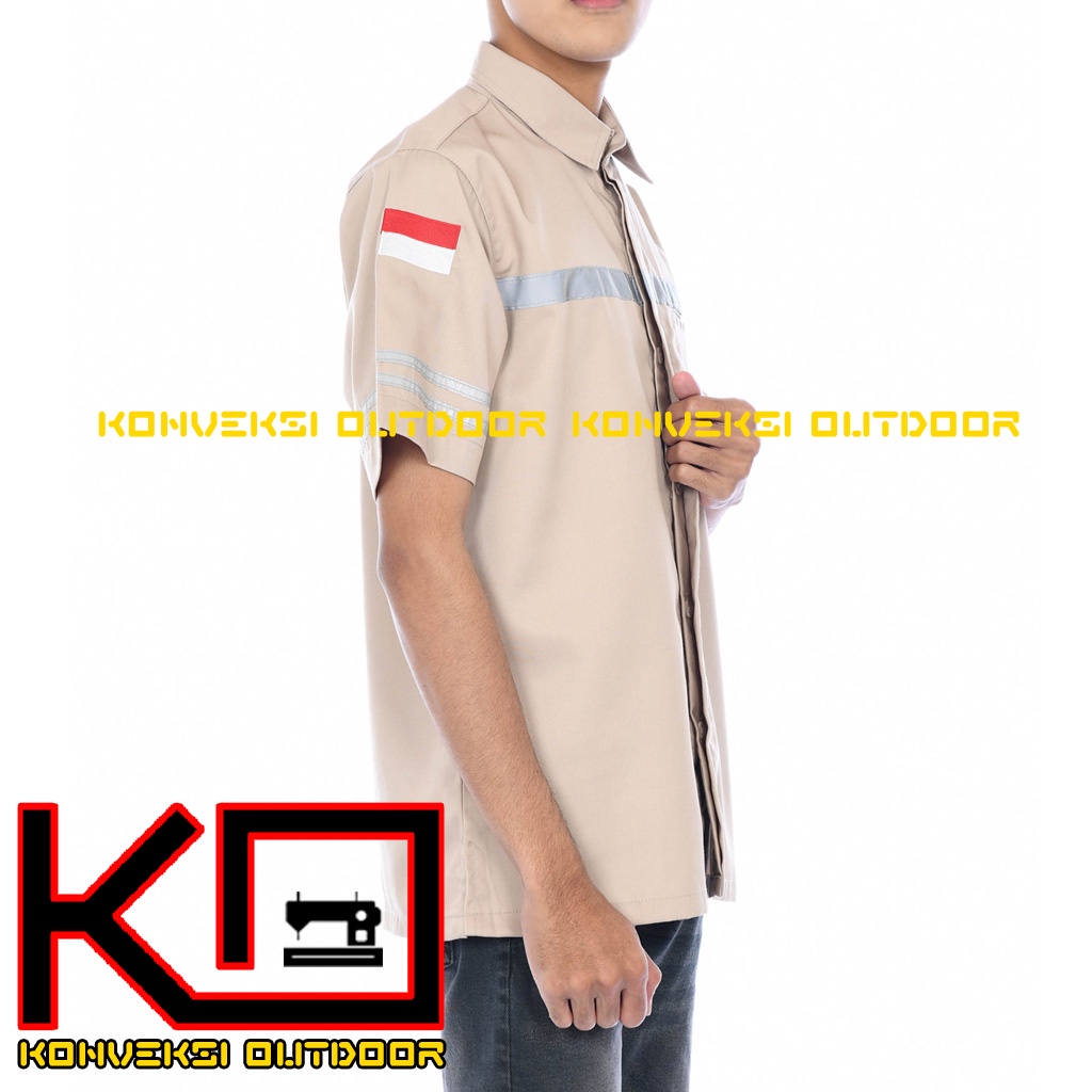 KEMEJA WEARPACK BAJU SAFETY K3 OUTDOOR INDOOR - Seragam Kemeja Kerja Lapangan Lengan Pendek Proyek Bangunan Tambang Alat Berat PLN Enginer Instalasi Mesin werpek sefti Scotlit Warna Cream Konveksi Outdoor