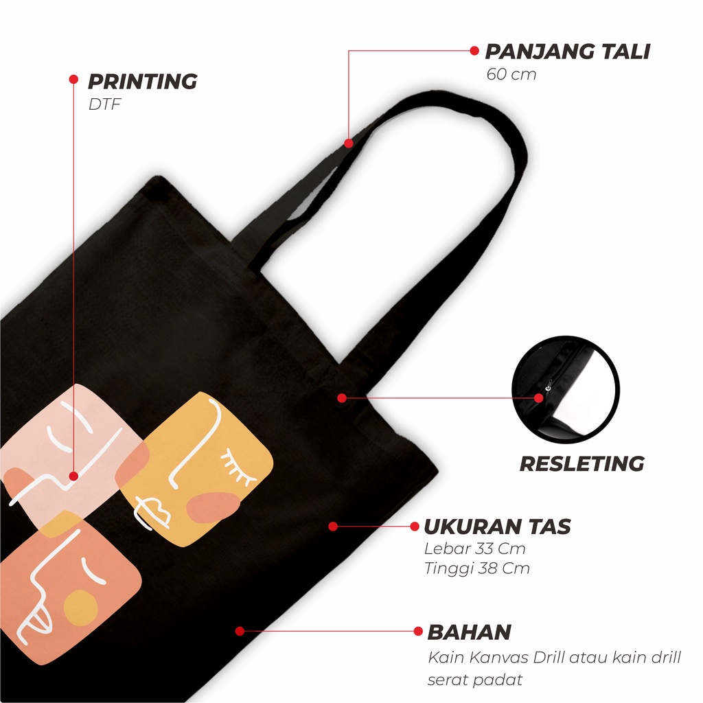 Sevine Totebag Tas Wanita Tote Bag Resleting Motif Line art Hijab Black Series Hitam - WHF5