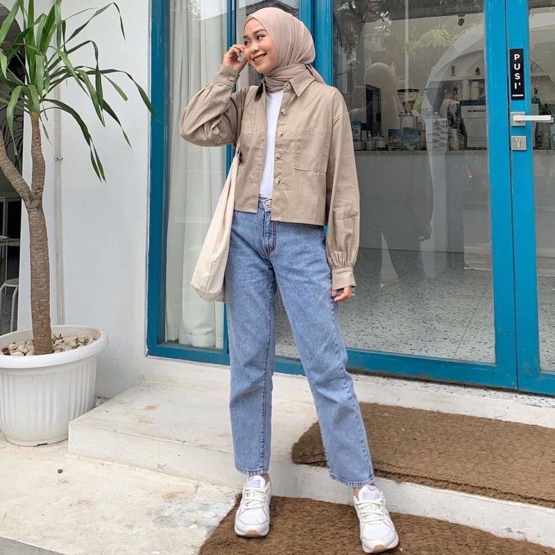 Baju Atasan Wanita Crop Outfit Hijabers Kekinian Kemeja Crop Cewek Blouse Crop Kancing Atasan Crop R