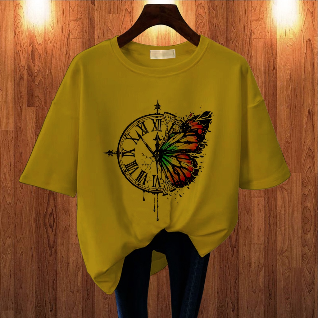CALVIERO SHOP - BAJU KAOS WANITA DEWASA PRINT BUTTERFLY CLOCK CASUAL T SHIRT