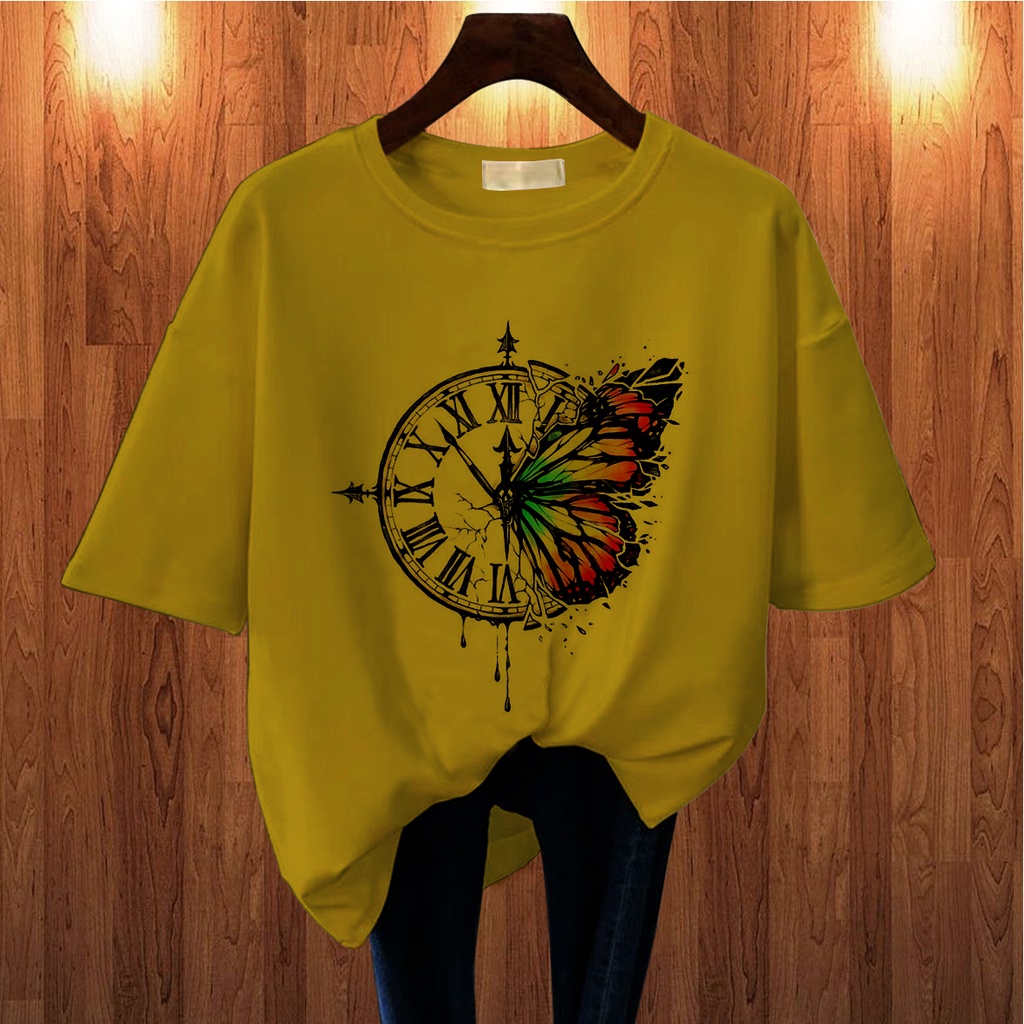 CALVIERO SHOP - BAJU KAOS WANITA DEWASA PRINT BUTTERFLY CLOCK CASUAL T SHIRT