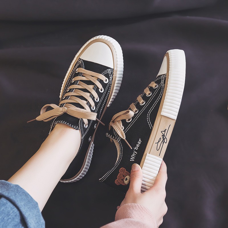 SW25 Sepatu Sneakers Tali Wanita Import Bear - Sepatu Import Sneakers Wanita - Sepatu Kanvas Wanita-HITAM