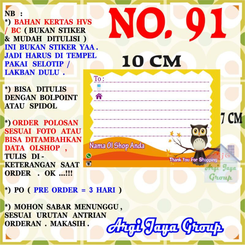 

Label Pengiriman Alamat Olshop Murah Nomer 91 - 10x7cm - Kertas BC (Manila)
