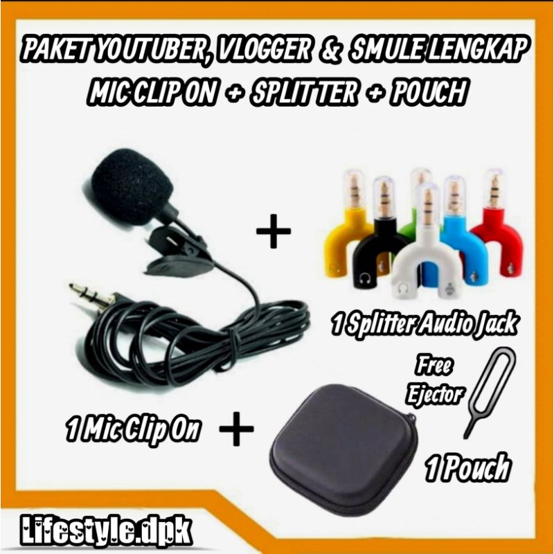 Paket Youtuber Vlogger Smule Clip On Mic + Splitter Audio + Pouch